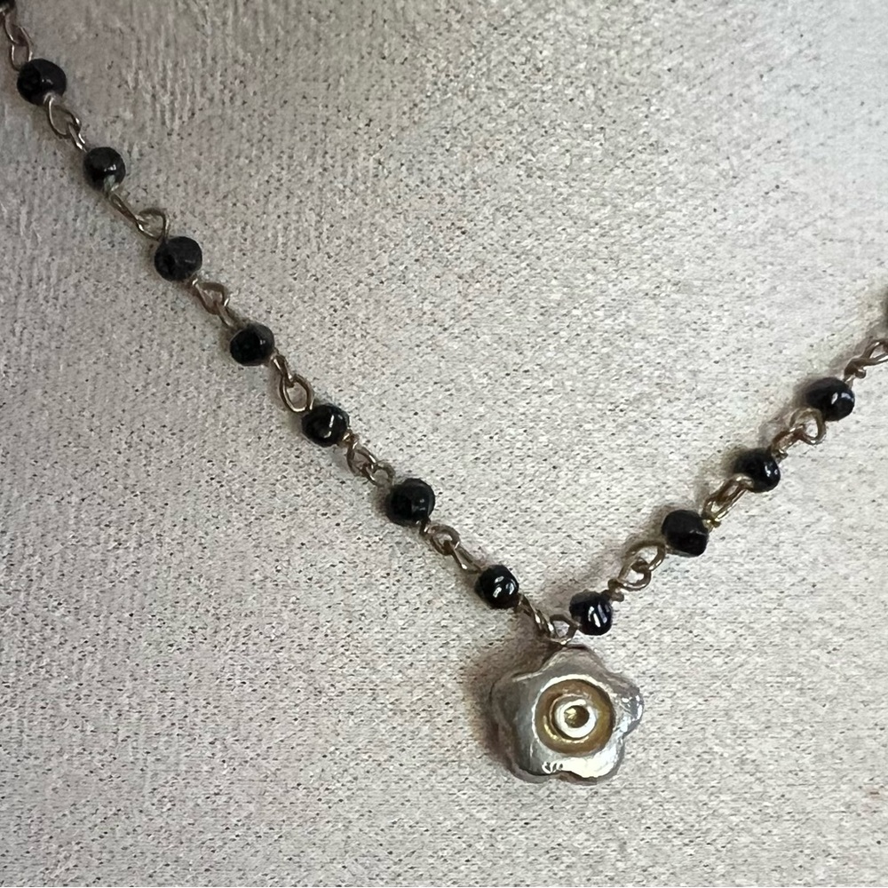 Gold/SilverTone Flower Pendant Necklace with Black Bead Chain - Women Jewelry